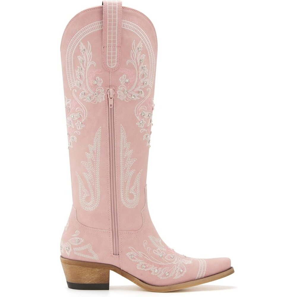Women's Pink Embroidered Rhinestones Knee High Cowgirl Boots Pointed Toe - Picture 3 of 7